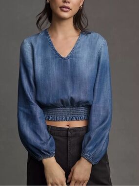 Cloth & Stone Chambray Smocked Waist Crop Top Boho Blue Size S